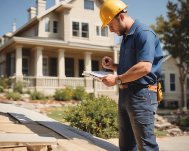 A construction worker reviewing blueprints at a renovation site.