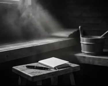 Visual: Finnish sauna interior, 'The Lottery Fixer' memoir by Kyle Keehan.