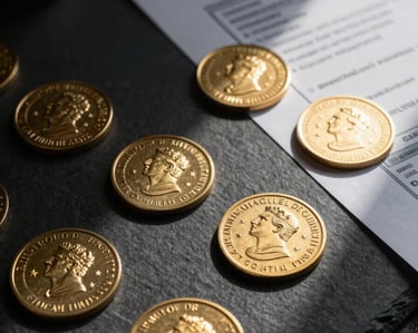 A formal, close-up study of physical trade finance documents with official gold-embossed sovereign seals on a dark slate surface, dramatic low-key lighting casting sharp shadows, highly structured architectural composition.