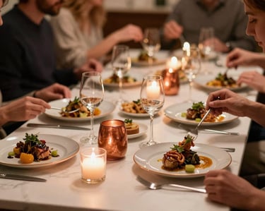 Friends enjoying a bespoke private dining celebration with restaurant-quality cuisine.