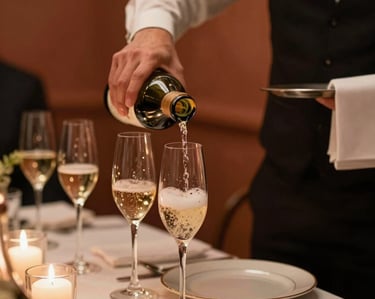 Champagne being served during a corporate dining event and business reception.