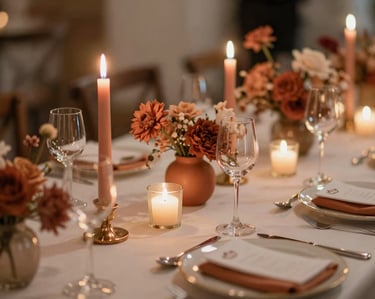 Elegant wedding dining table with candlelight, floral décor and luxury place settings.