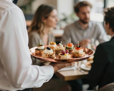 Chef serving handcrafted canapés during a stylish drinks reception and corporate event.