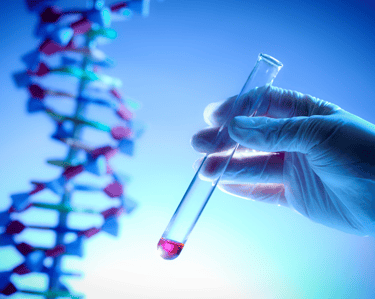 DNA from the bottom and hand holding a test tube.