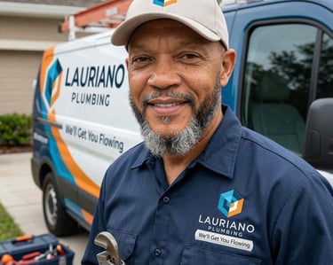 Professional Lauriano Plumbing technician holding a wrench standing by a service van with tools.