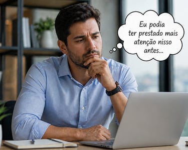 “Profissional refletindo no trabalho sobre decisão importante”