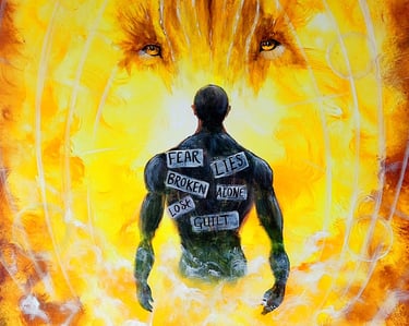 a painting of a man with my lies spoken over him receiving healing from Jesus 