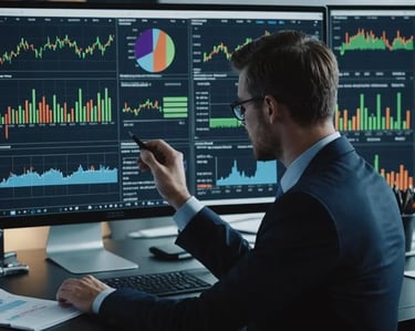 Executivo olhando para um computador cheio de infográficos e analisando os resultados que investiu