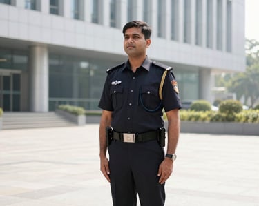 A professional security guard in a crisp dark uniform standing at attention outside a modern corporate building in New Delhi, bright daylight.
