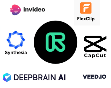 a group of logos that include logos of invideo, FLexclip, Synthesia, Runway, Capcut, Deepbrain, veed