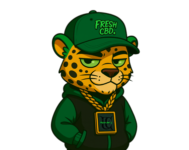 Leopardo Fresh CBD con gorra y cadena dorada estilo urbano