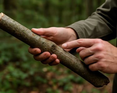 Holding thick stick for carving bushcraft tent stake or spear in forest