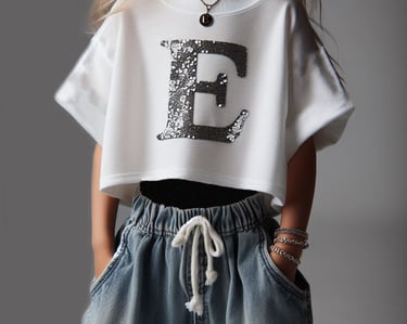 a young girl wearing a white t-shirt made using the digital sewing pattern