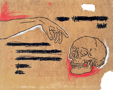 rough anatomical painting of a human skull reference to the creation of adam on a found wooden board with redacted text