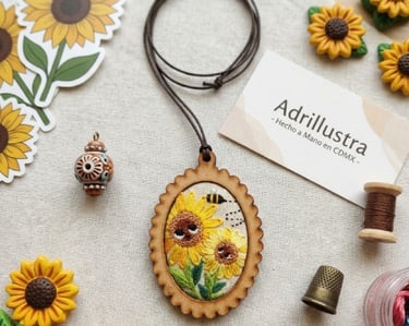 Bordado de flores y abejitas hecho a mano con base de madera y listón negro