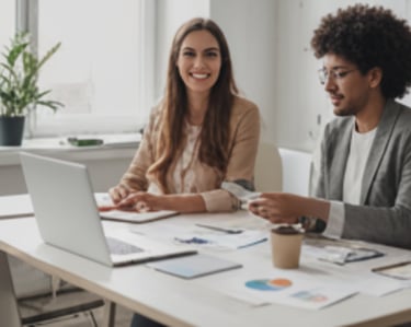 Two professionals having a meeting with laptops on a table.