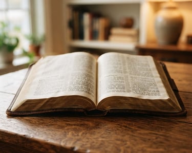 Open leather-bound King James Bible on a warm wooden table, pages open to a Pauline epistle, bathed in soft natural window light, shallow depth of field.
