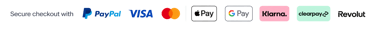 Secure checkout payment options including PayPal, Visa, Mastercard, Apple Pay, Google Pay, Klarna, Clearpay, and Revolut.