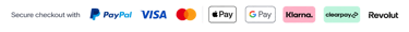 Secure checkout payment icons for PayPal, Visa, Mastercard, Google Pay, Klarna, and Clearpay.