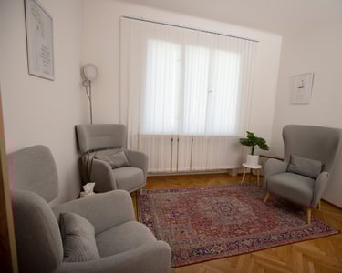 Gemütlicher Therapieraum mit Sesseln, Teppich und hellem Tageslicht vom Fenster.