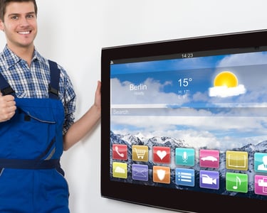 a man in overalls and overalls standing in front of a television screen