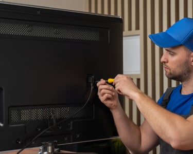 a man in a blue shirt and a blue hat is holding a screwr and