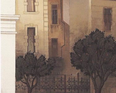 a painting of a city street scene with buildings