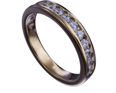 Elegant 14k yellow gold channel set diamond wedding band..