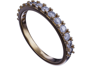 Yellow gold diamond eternity wedding band with double prongs..