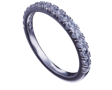 Elegant diamond eternity band crafted in white gold, featuring a row of shimmering round-cut diamonds on a black background.