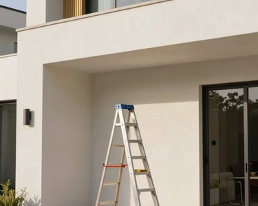 A high-end modern residential exterior in Malibu, North American / Southern California. The scene shows a clean architectural facade with professional painting equipment like a neatly placed ladder and high-quality brushes nearby. The colors include off-white surfaces and muted gold trim accents under soft, natural daylight.