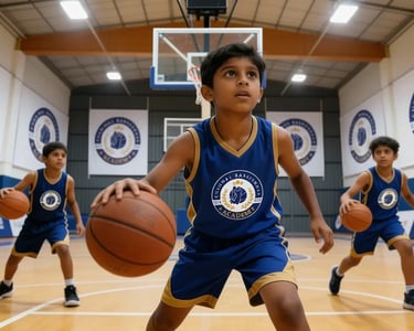 a young boy playing basketball in a gym
