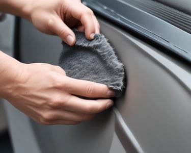 Technician shaping and fitting metal sheets on a car frame.