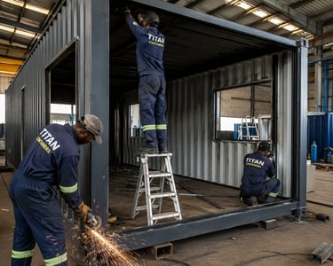 Industrial workers fabricating and welding a custom steel shipping container in a workshop.
