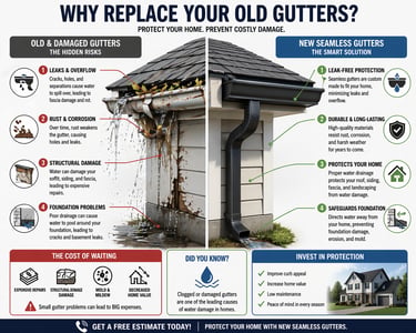 Seamless gutter replacement in Durham NC diagram showing damaged old gutters vs new