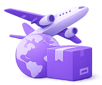 Purple airplane, globe, and parcel illustration for MuleBuy shipping information for UK buyers
