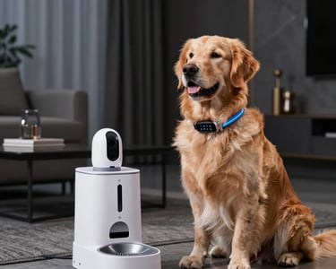 Dog sitting next to a smart automatic pet feeder with a built-in camera in a modern living room.