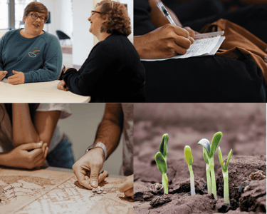 two people talking, person writing, building a puzzle, seedlings