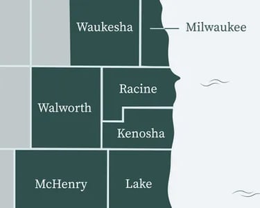 service area map showing Milwaukee, Waukesha, Racine, Kenosha, Walworth, Lake, and McHenry counties – Rise Up Window Covering