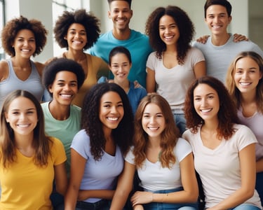 a group of people standing in front of a purple wall