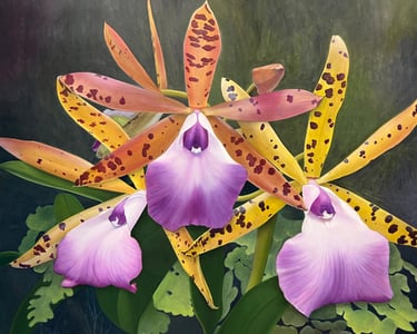 Majestic cluster orchid with ferns , monumental botanical realism by Christine Knize