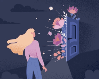 a woman with long blond hair is about to enter an ajar door with lots of flowers coming out of it