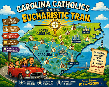 Cartoon of family enjoying vacation on the Eucharistic Trail in the Carolinas. Catholic Cool!