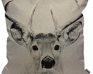 Rustic linen throw pillow featuring a black and white stag deer head print with large antlers.