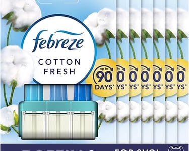 Febreze Cotton Fresh 3VOL plug-in air freshener refills in a bulk 7-pack providing up to 90 days of scent.
