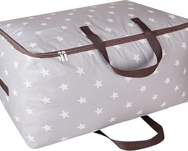 a large grey and white bag with stars on it