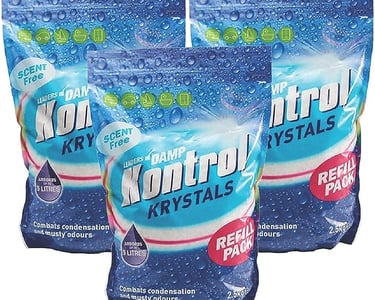 Three bags of Kontrol Krystals moisture absorber refill crystals for dehumidifiers to stop condensation.
