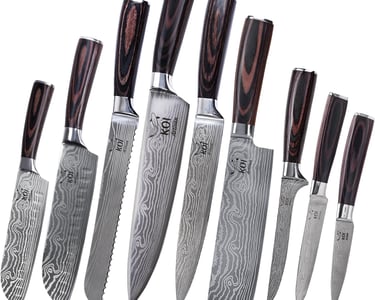 a group of knives and knives in a row
