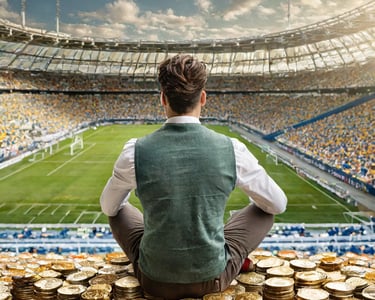 uomo seduto su delle monete che guarda una partita di calcio