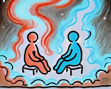 a drawing of two people sitting on a chair in front of each other